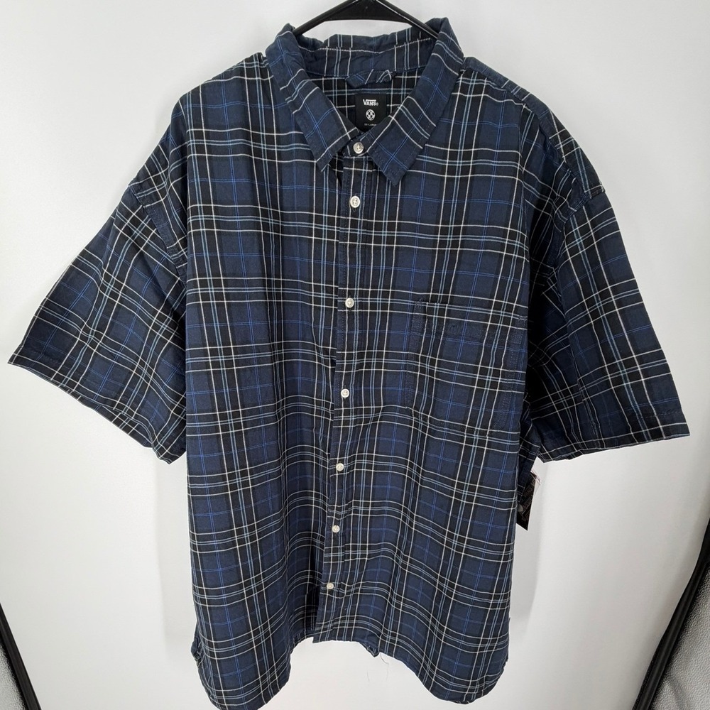 Vans Lawson Plaid Short Sleeve Shirt Mens XXL Navy Blue White Cotton Linen NEW